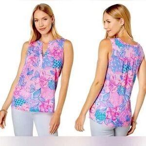 Lilly Pulitzer Pink Isle Snappy Turtle Dev Cotton Tank Top Size L